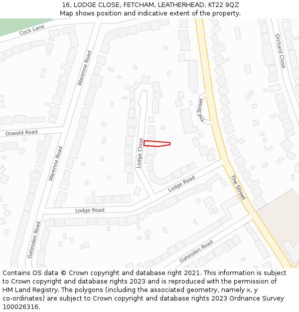 16, LODGE CLOSE, FETCHAM, LEATHERHEAD, KT22 9QZ: Location map and indicative extent of plot