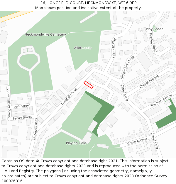 16, LONGFIELD COURT, HECKMONDWIKE, WF16 9EP: Location map and indicative extent of plot