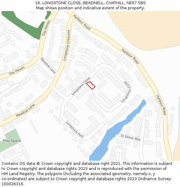 16, LONGSTONE CLOSE, BEADNELL, CHATHILL, NE67 5BS: Location map and indicative extent of plot