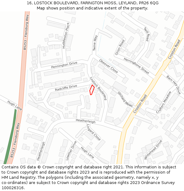 16, LOSTOCK BOULEVARD, FARINGTON MOSS, LEYLAND, PR26 6QG: Location map and indicative extent of plot