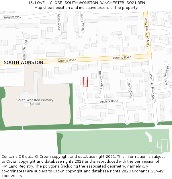 16, LOVELL CLOSE, SOUTH WONSTON, WINCHESTER, SO21 3EN: Location map and indicative extent of plot