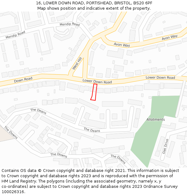 16, LOWER DOWN ROAD, PORTISHEAD, BRISTOL, BS20 6PF: Location map and indicative extent of plot