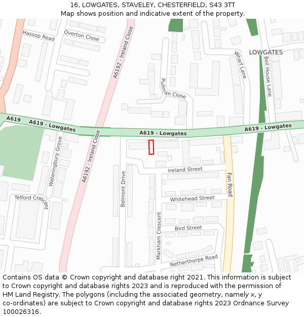 16, LOWGATES, STAVELEY, CHESTERFIELD, S43 3TT: Location map and indicative extent of plot