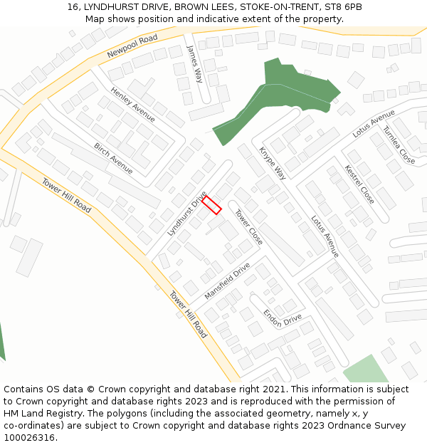 16, LYNDHURST DRIVE, BROWN LEES, STOKE-ON-TRENT, ST8 6PB: Location map and indicative extent of plot