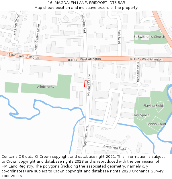 16, MAGDALEN LANE, BRIDPORT, DT6 5AB: Location map and indicative extent of plot