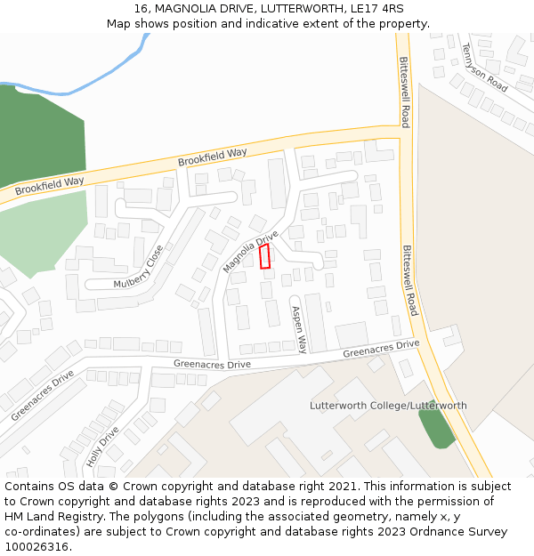 16, MAGNOLIA DRIVE, LUTTERWORTH, LE17 4RS: Location map and indicative extent of plot