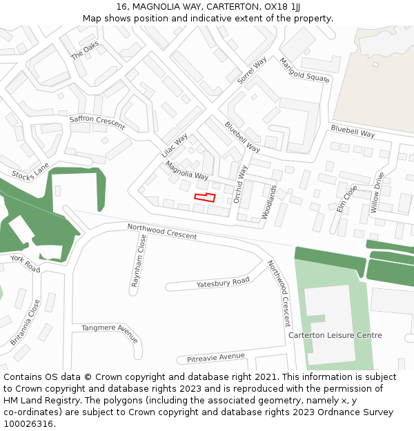 16, MAGNOLIA WAY, CARTERTON, OX18 1JJ: Location map and indicative extent of plot