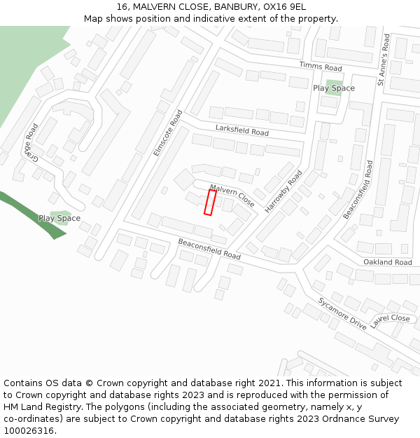 16, MALVERN CLOSE, BANBURY, OX16 9EL: Location map and indicative extent of plot