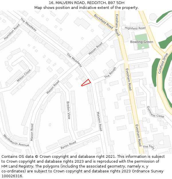 16, MALVERN ROAD, REDDITCH, B97 5DH: Location map and indicative extent of plot