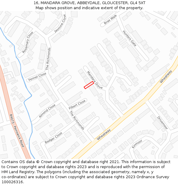 16, MANDARA GROVE, ABBEYDALE, GLOUCESTER, GL4 5XT: Location map and indicative extent of plot
