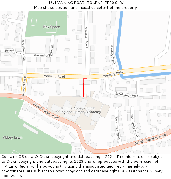 16, MANNING ROAD, BOURNE, PE10 9HW: Location map and indicative extent of plot