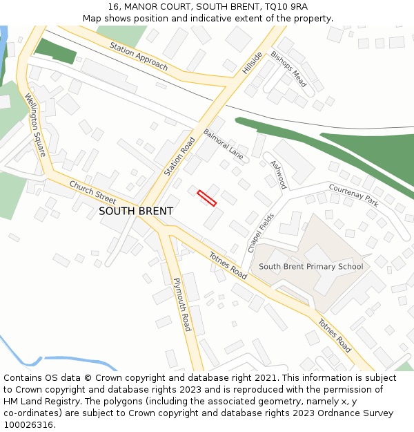 16, MANOR COURT, SOUTH BRENT, TQ10 9RA: Location map and indicative extent of plot