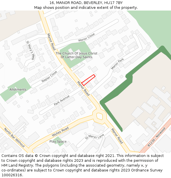 16, MANOR ROAD, BEVERLEY, HU17 7BY: Location map and indicative extent of plot