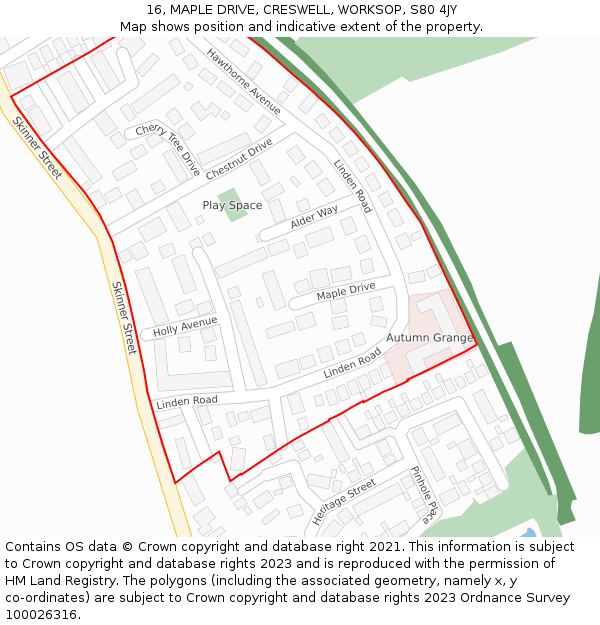 16, MAPLE DRIVE, CRESWELL, WORKSOP, S80 4JY: Location map and indicative extent of plot