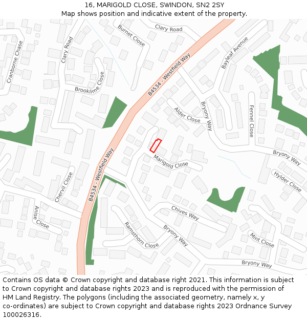 16, MARIGOLD CLOSE, SWINDON, SN2 2SY: Location map and indicative extent of plot