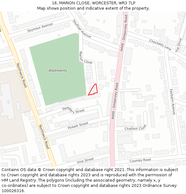 16, MARION CLOSE, WORCESTER, WR3 7LP: Location map and indicative extent of plot