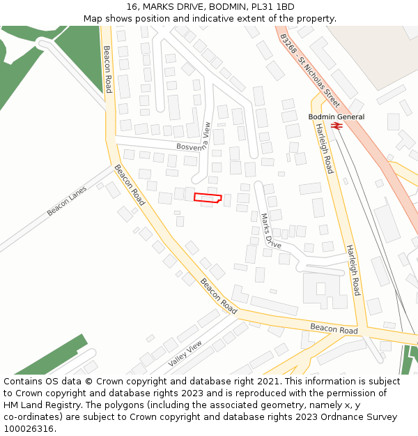 16, MARKS DRIVE, BODMIN, PL31 1BD: Location map and indicative extent of plot