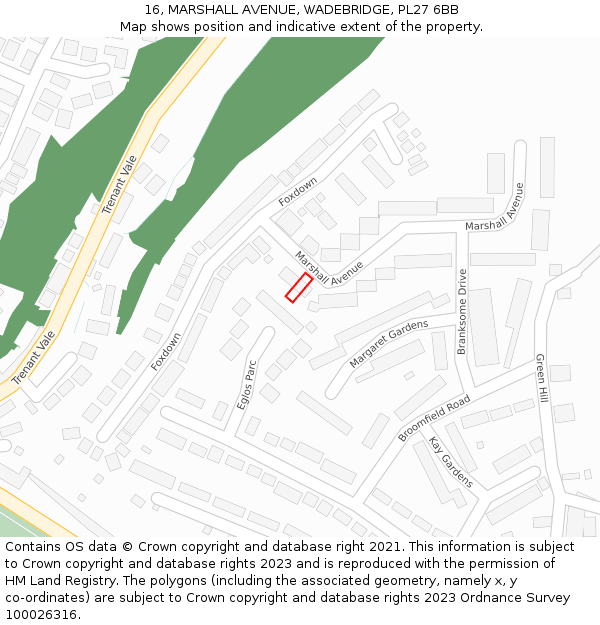 16, MARSHALL AVENUE, WADEBRIDGE, PL27 6BB: Location map and indicative extent of plot