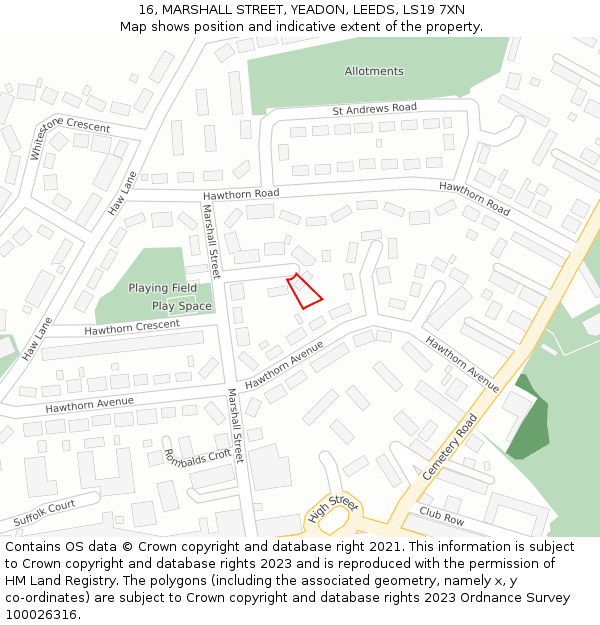 16, MARSHALL STREET, YEADON, LEEDS, LS19 7XN: Location map and indicative extent of plot