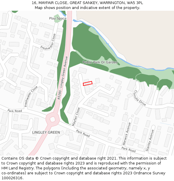 16, MAYFAIR CLOSE, GREAT SANKEY, WARRINGTON, WA5 3PL: Location map and indicative extent of plot