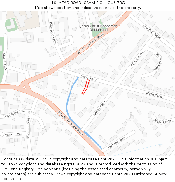 16, MEAD ROAD, CRANLEIGH, GU6 7BG: Location map and indicative extent of plot