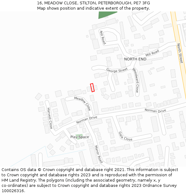 16, MEADOW CLOSE, STILTON, PETERBOROUGH, PE7 3FG: Location map and indicative extent of plot