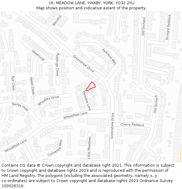 16, MEADOW LANE, HAXBY, YORK, YO32 2YU: Location map and indicative extent of plot