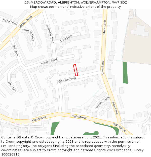 16, MEADOW ROAD, ALBRIGHTON, WOLVERHAMPTON, WV7 3DZ: Location map and indicative extent of plot