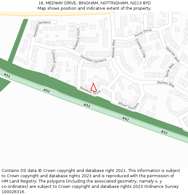 16, MEDWAY DRIVE, BINGHAM, NOTTINGHAM, NG13 8YD: Location map and indicative extent of plot