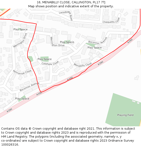 16, MENABILLY CLOSE, CALLINGTON, PL17 7TJ: Location map and indicative extent of plot