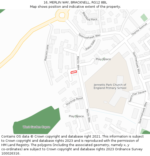 16, MERLIN WAY, BRACKNELL, RG12 8BL: Location map and indicative extent of plot