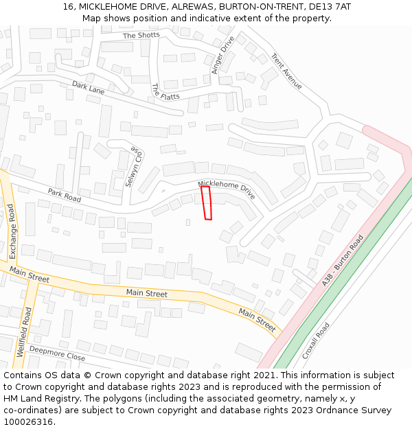 16, MICKLEHOME DRIVE, ALREWAS, BURTON-ON-TRENT, DE13 7AT: Location map and indicative extent of plot