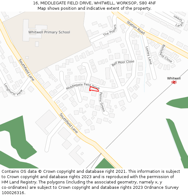 16, MIDDLEGATE FIELD DRIVE, WHITWELL, WORKSOP, S80 4NF: Location map and indicative extent of plot