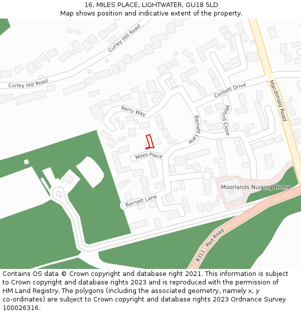 16, MILES PLACE, LIGHTWATER, GU18 5LD: Location map and indicative extent of plot