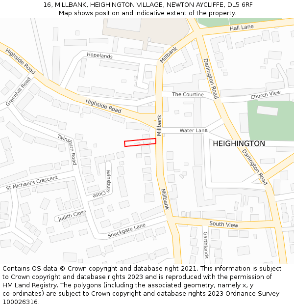 16, MILLBANK, HEIGHINGTON VILLAGE, NEWTON AYCLIFFE, DL5 6RF: Location map and indicative extent of plot