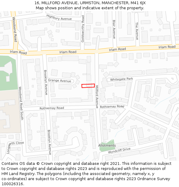 16, MILLFORD AVENUE, URMSTON, MANCHESTER, M41 6JX: Location map and indicative extent of plot