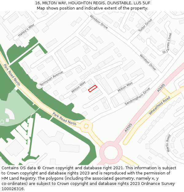 16, MILTON WAY, HOUGHTON REGIS, DUNSTABLE, LU5 5UF: Location map and indicative extent of plot