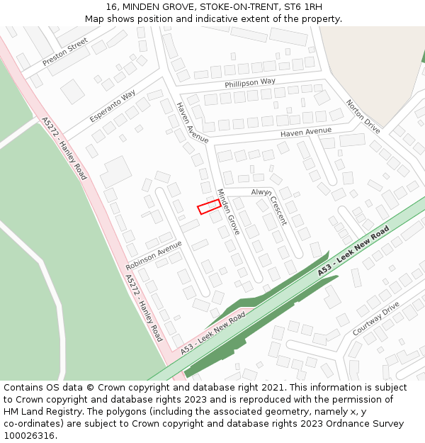 16, MINDEN GROVE, STOKE-ON-TRENT, ST6 1RH: Location map and indicative extent of plot