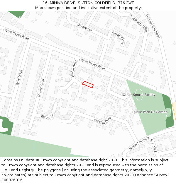 16, MINIVA DRIVE, SUTTON COLDFIELD, B76 2WT: Location map and indicative extent of plot