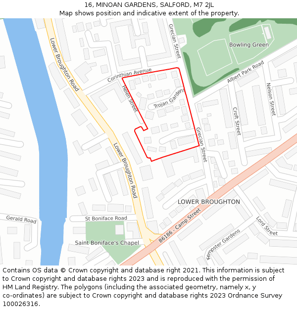 16, MINOAN GARDENS, SALFORD, M7 2JL: Location map and indicative extent of plot