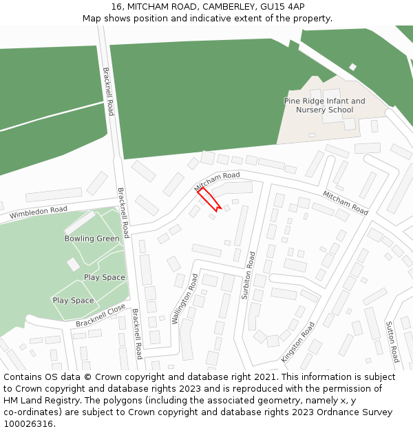 16, MITCHAM ROAD, CAMBERLEY, GU15 4AP: Location map and indicative extent of plot