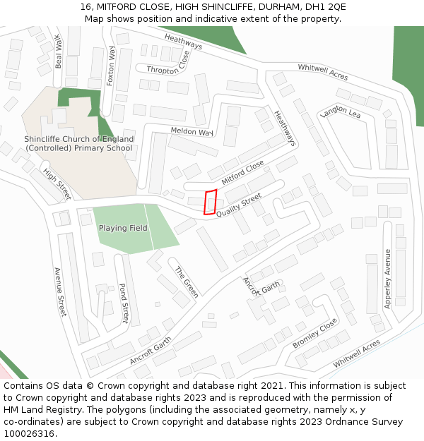 16, MITFORD CLOSE, HIGH SHINCLIFFE, DURHAM, DH1 2QE: Location map and indicative extent of plot