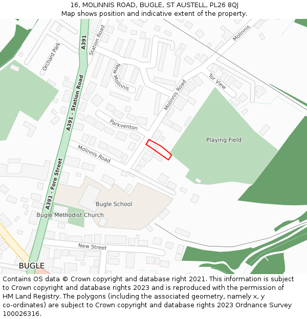 16, MOLINNIS ROAD, BUGLE, ST AUSTELL, PL26 8QJ: Location map and indicative extent of plot