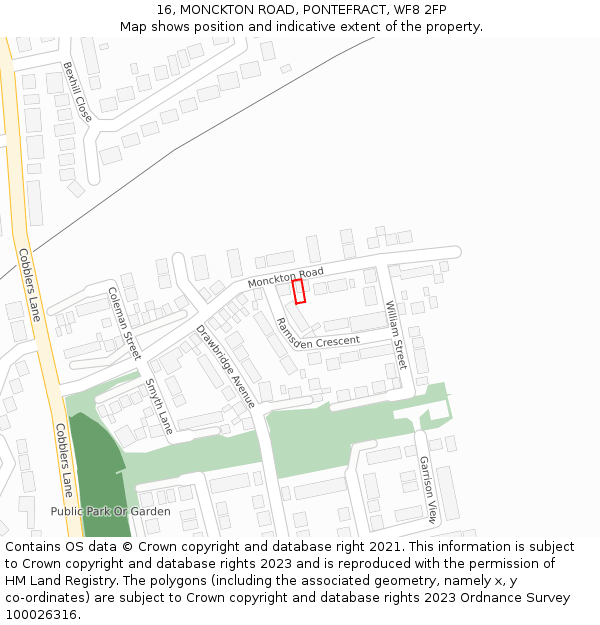 16, MONCKTON ROAD, PONTEFRACT, WF8 2FP: Location map and indicative extent of plot