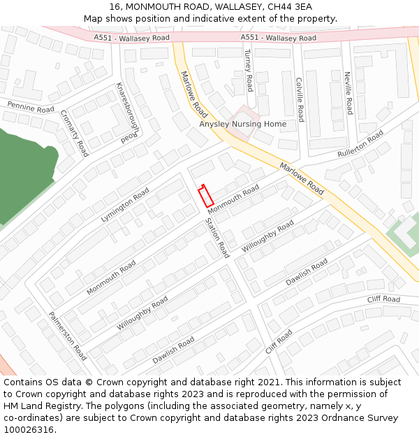 16, MONMOUTH ROAD, WALLASEY, CH44 3EA: Location map and indicative extent of plot