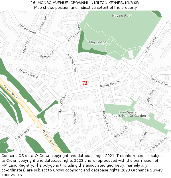 16, MONRO AVENUE, CROWNHILL, MILTON KEYNES, MK8 0BL: Location map and indicative extent of plot