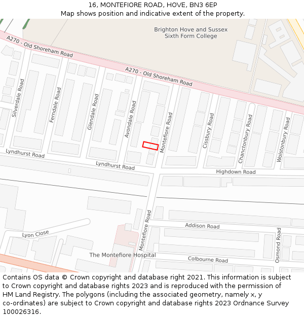 16, MONTEFIORE ROAD, HOVE, BN3 6EP: Location map and indicative extent of plot