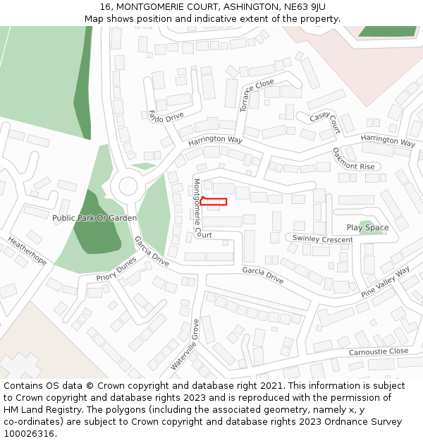 16, MONTGOMERIE COURT, ASHINGTON, NE63 9JU: Location map and indicative extent of plot