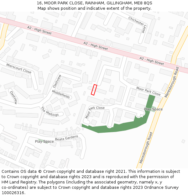 16, MOOR PARK CLOSE, RAINHAM, GILLINGHAM, ME8 8QS: Location map and indicative extent of plot