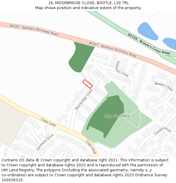 16, MOORBRIDGE CLOSE, BOOTLE, L30 7RL: Location map and indicative extent of plot